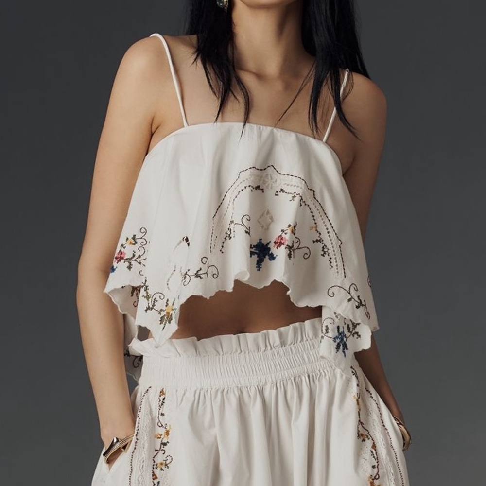 Anthropologie Hanky Crop Cutwork Tank Colorful Embroidery White SIZE XL NEW - Picture 5 of 10